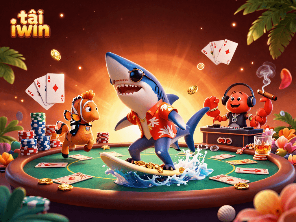 Win big with tải iwin featuring a shark, clownfish, and crab DJ in a vibrant casino scene.