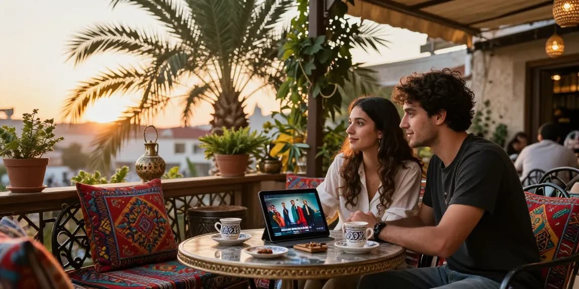 Enjoying مسلسل، مسلسلات تركية، مسلسلات عربية together at an Arabic cafe, capturing cultural ambiance and connection.