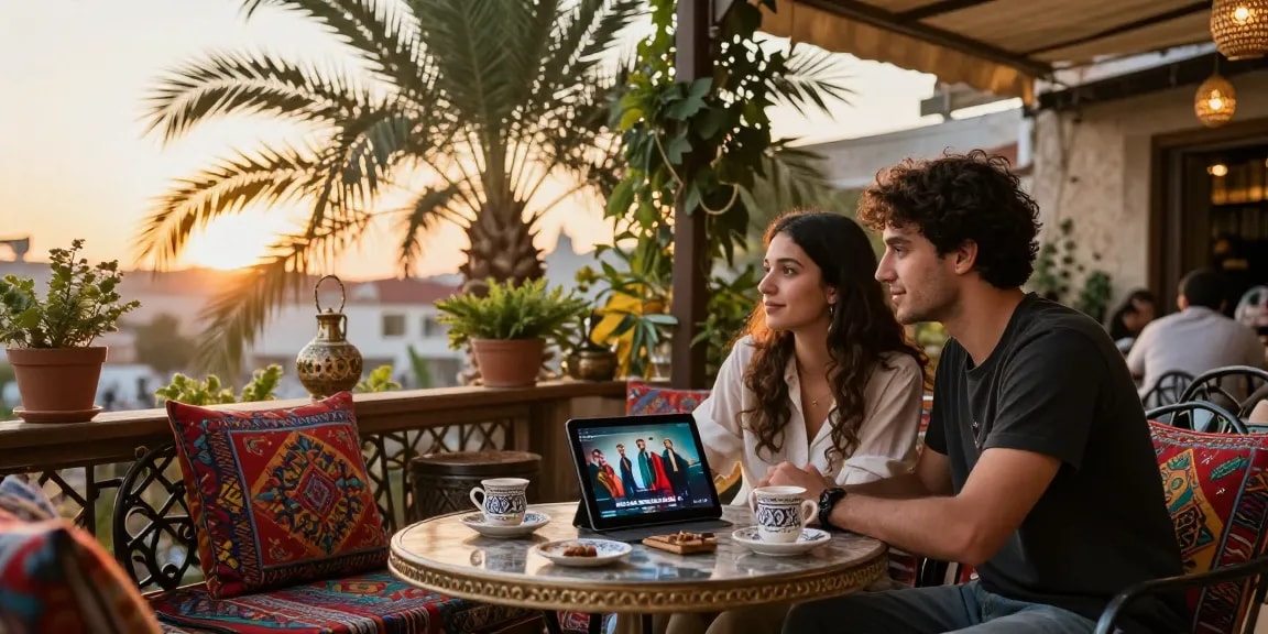 Enjoying مسلسل، مسلسلات تركية، مسلسلات عربية together at an Arabic cafe, capturing cultural ambiance and connection.
