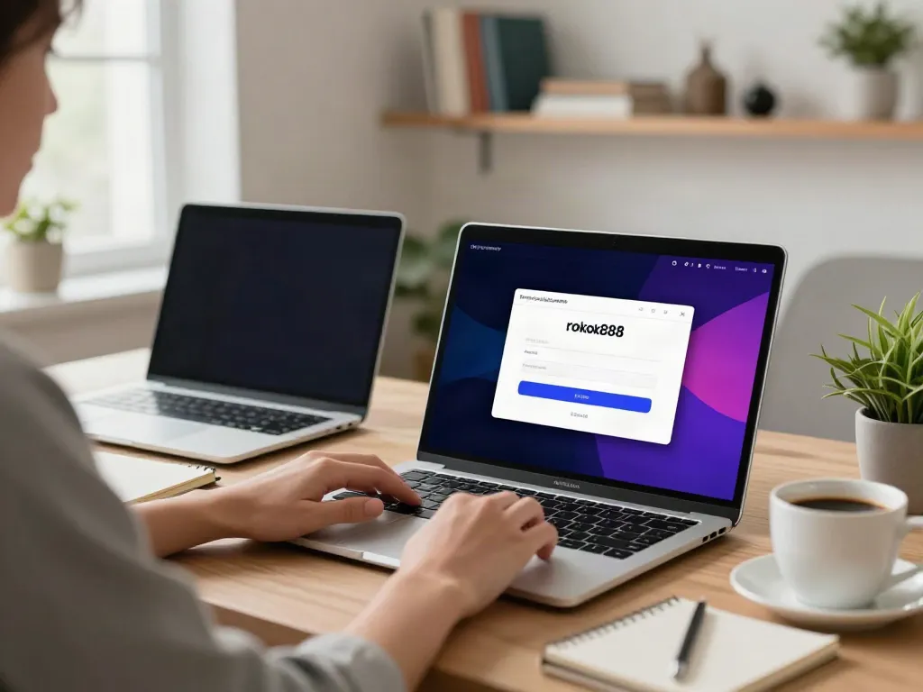 Person accessing the rokok88 login on a laptop in a modern home office.