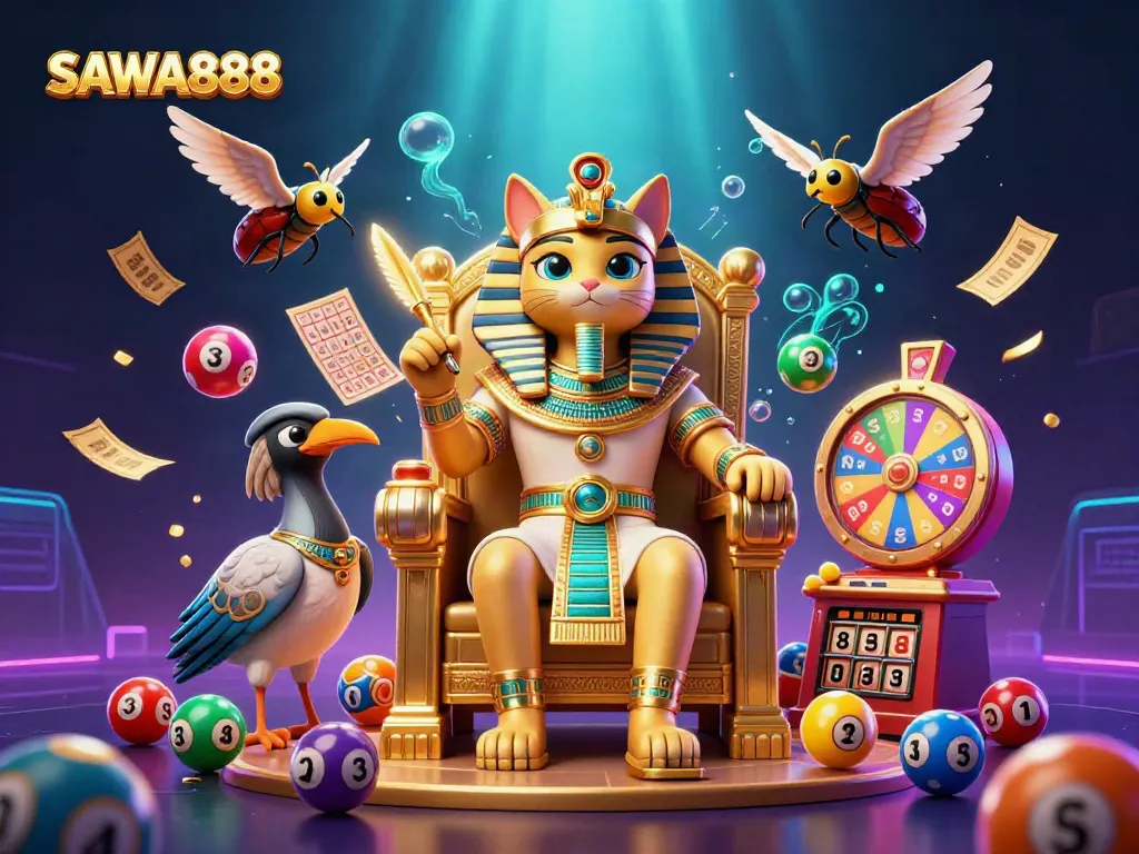 Experience the excitement of SAWA888 with vibrant lottery balls, gold-themed characters, and casino elements.