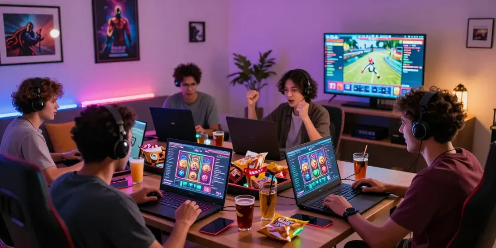 Players enjoying situs gacor slot games online, showcasing excitement and engagement in a vibrant gaming environment.