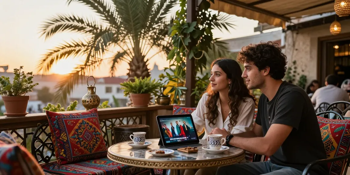 Enjoying مسلسل، مسلسلات تركية، مسلسلات عربية together at an Arabic cafe, capturing cultural ambiance and connection.