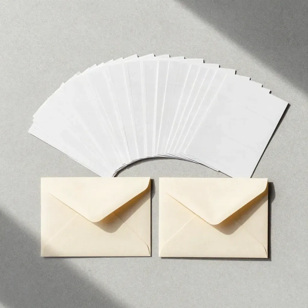Overhead flatlay of blank pricing cards, sleeve, envelope, and wrapped sample on pale concrete
