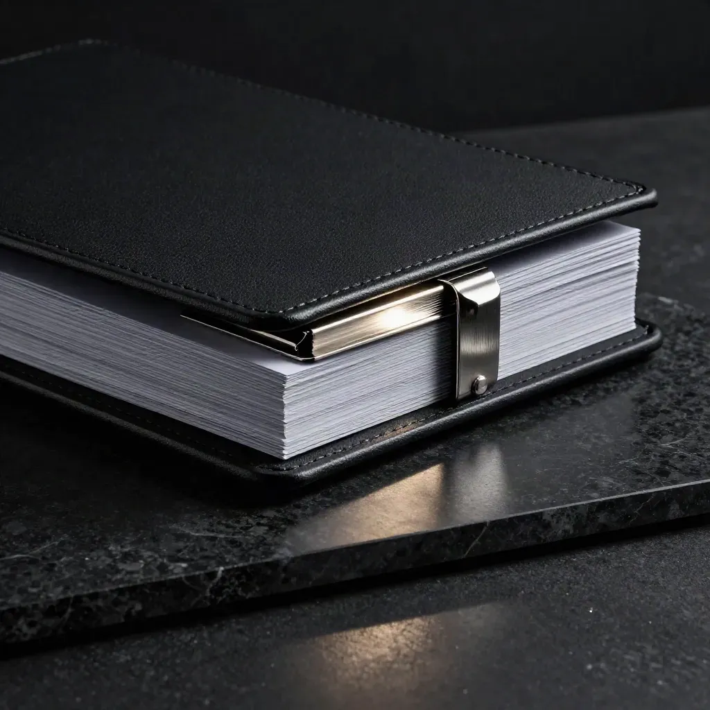 Black graphite report case with metal clip bundle on a dark slab in dramatic studio light.