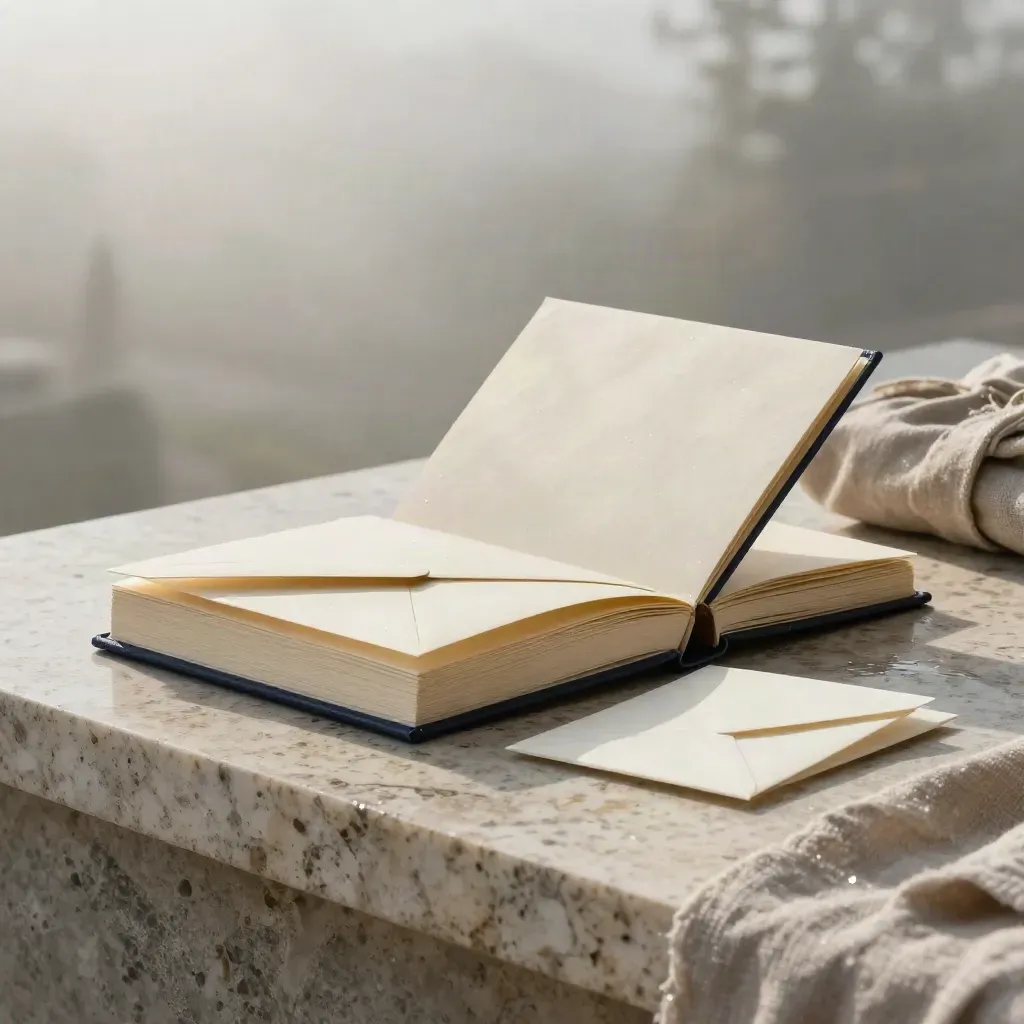 Strategy folio box with map deck, envelope, note packet and linen bundle on wet travertine at dawn.