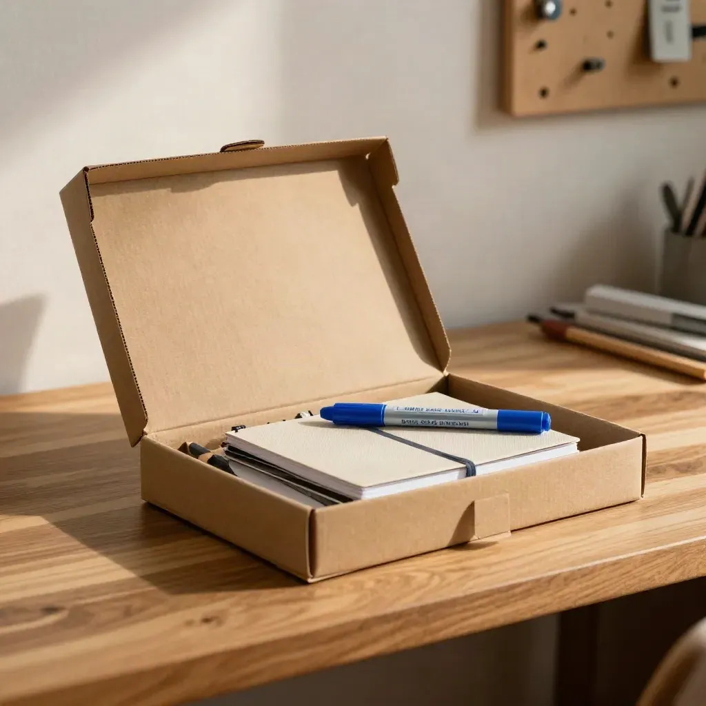 Workshop kit with notebook, cue cards and pencil stub on a sunlit oak bench