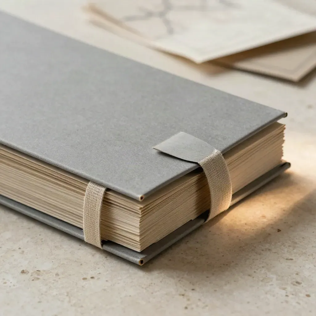 Slate paper roadmap folio sliding from its sleeve on pale travertine, with linen strip and layered edges.