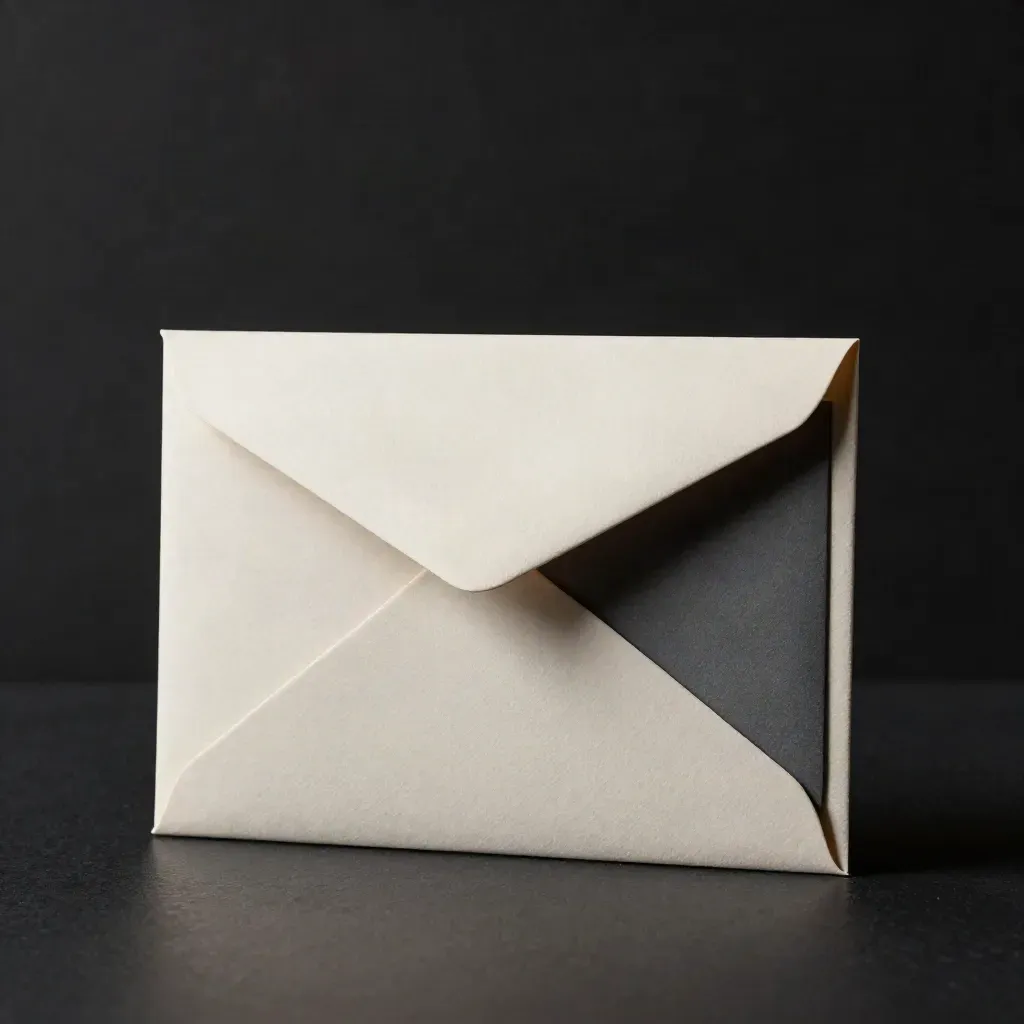 Upright executive brief packet with dark envelope on matte-black surface under moody studio light.
