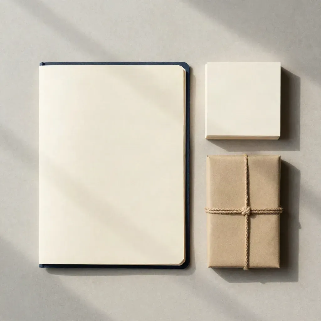 Overhead coaching packet flatlay with cream cards, folded folio, and wrapped insert on pale stone.