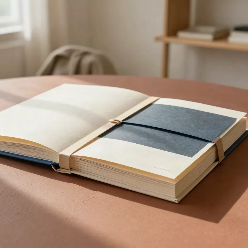 Open strategy planning folio on a terracotta slab with inserts and a paper band in soft sunlight.