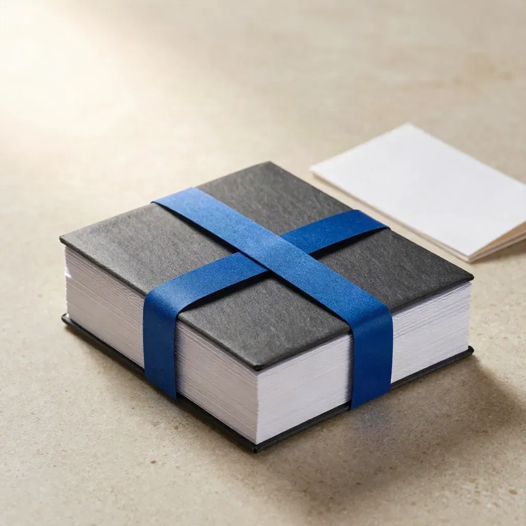 Cobalt planning bundle with white card stack and slate sleeve on warm stone, lit like a hero product