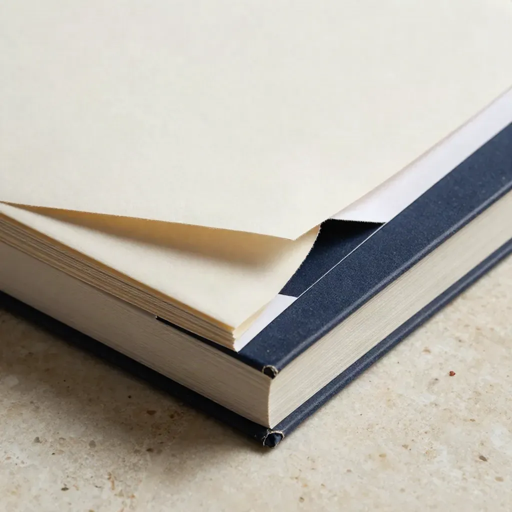 Macro wrapped startup research folio on travertine with layered paper, clipped insert, and folded corner.
