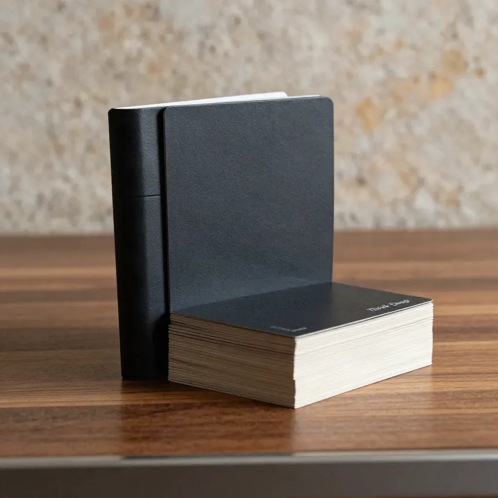 Dark strategy bundle with two slim cards stacked on warm walnut, softly lit.