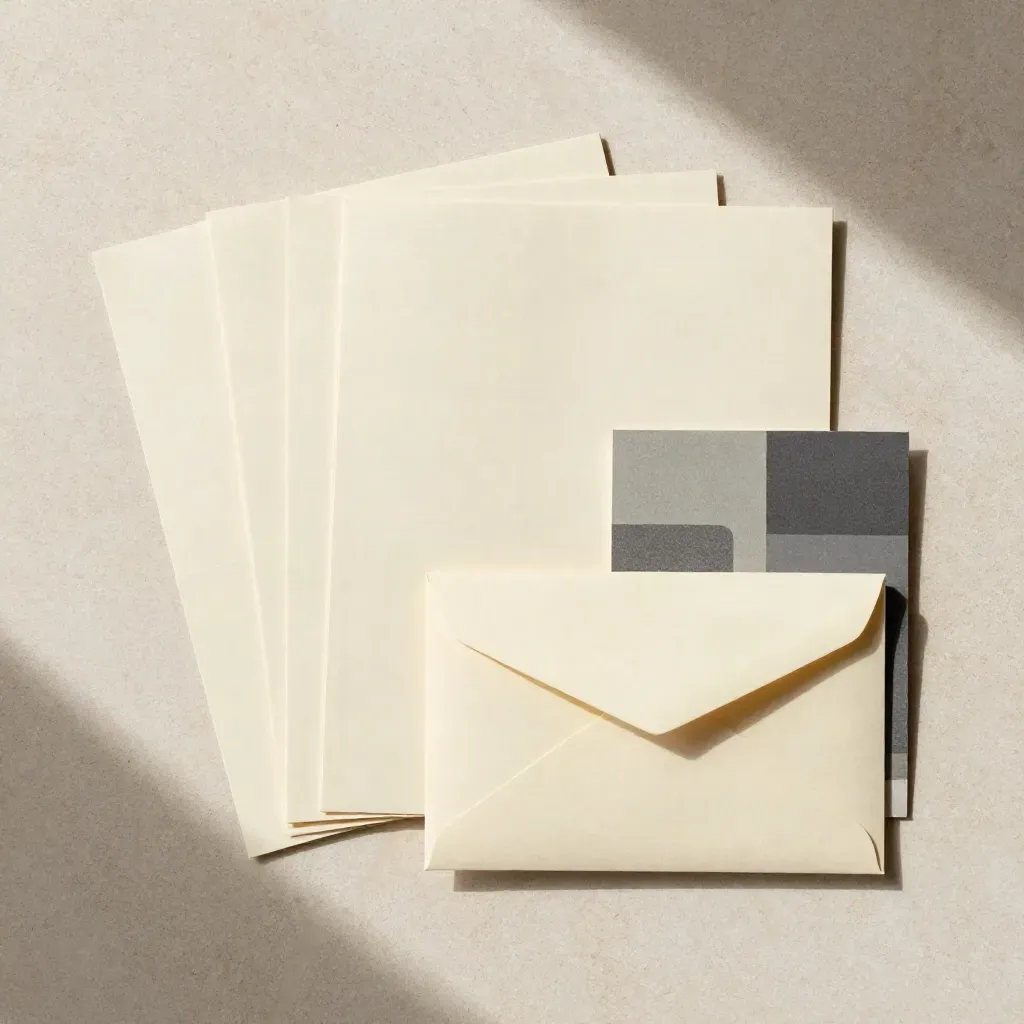 Overhead survey kit with cream cards, folded packet and sealed envelope on pale stone