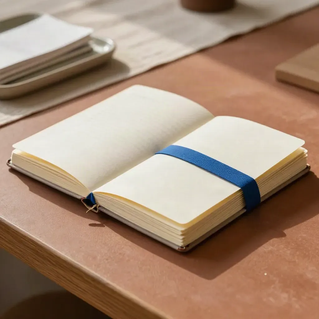 Workshop kit with notebook, prompt set and paper sleeve on a terracotta studio counter, soft side light.