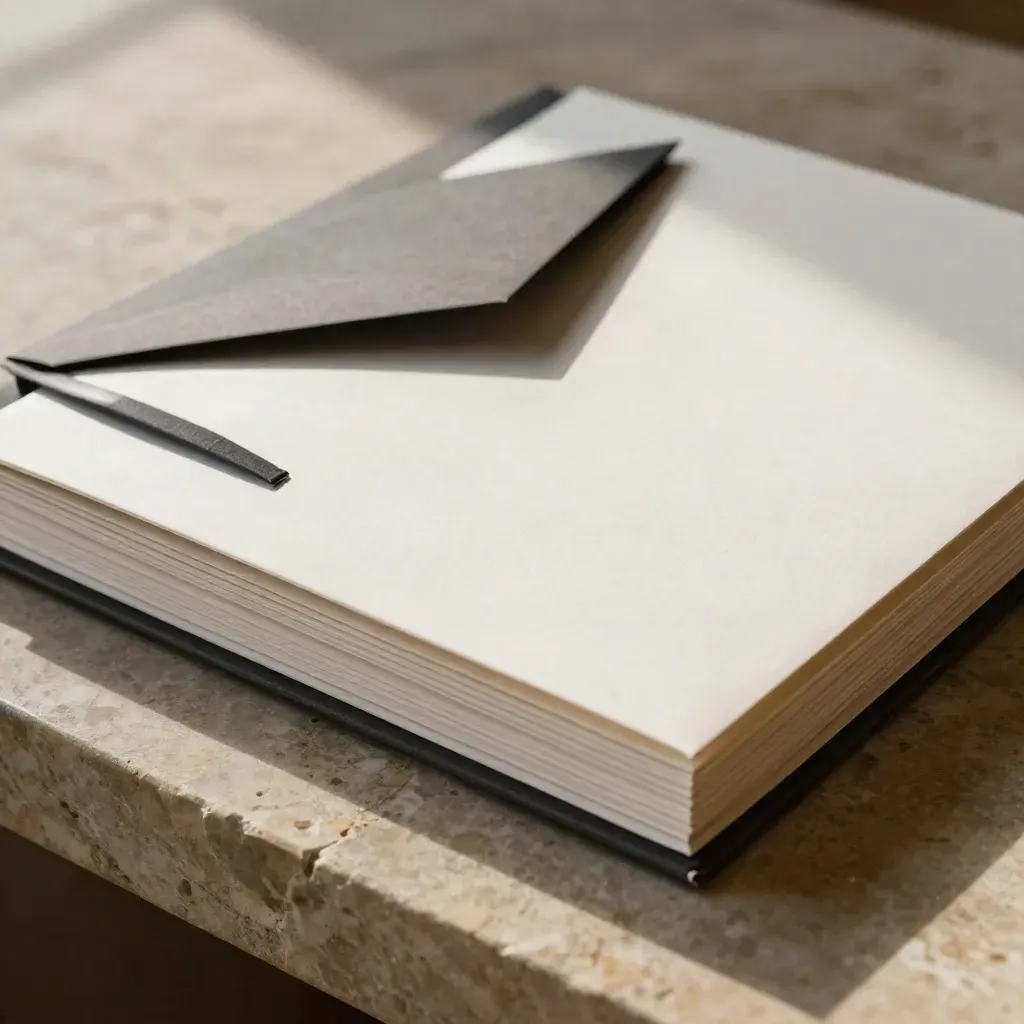 Macro of a board brief folio, dark envelope, and slim sleeve settling on stone.