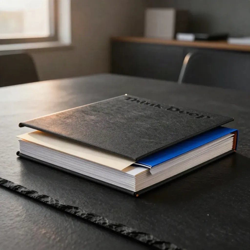 Dark planning folio, sleeve, and insert on black slate, lit with a warm rim and cool glow