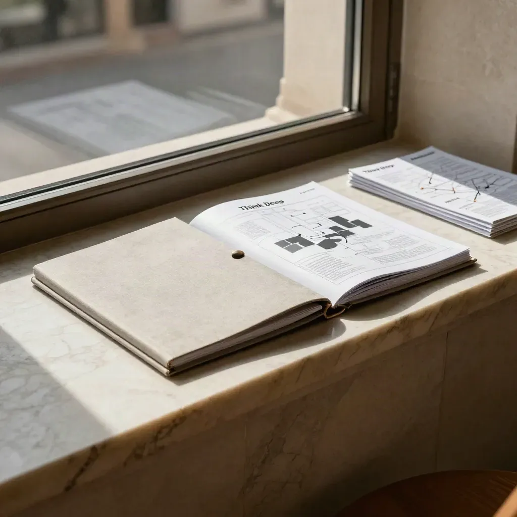 Sunlit marble ledge with blurred consulting folios and notebook shapes in a warm stone interior.