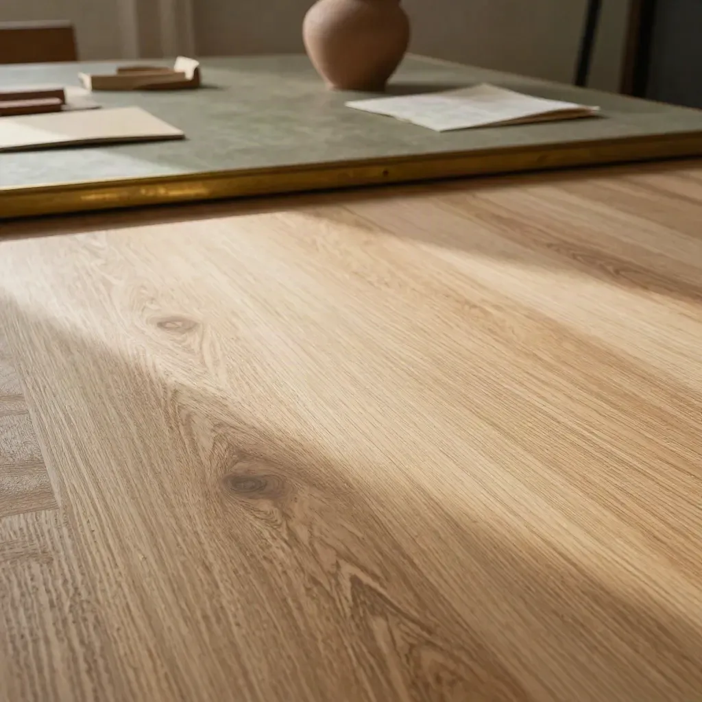 Pale oak surface with blurred brass edge and clay vessel in warm raking light.