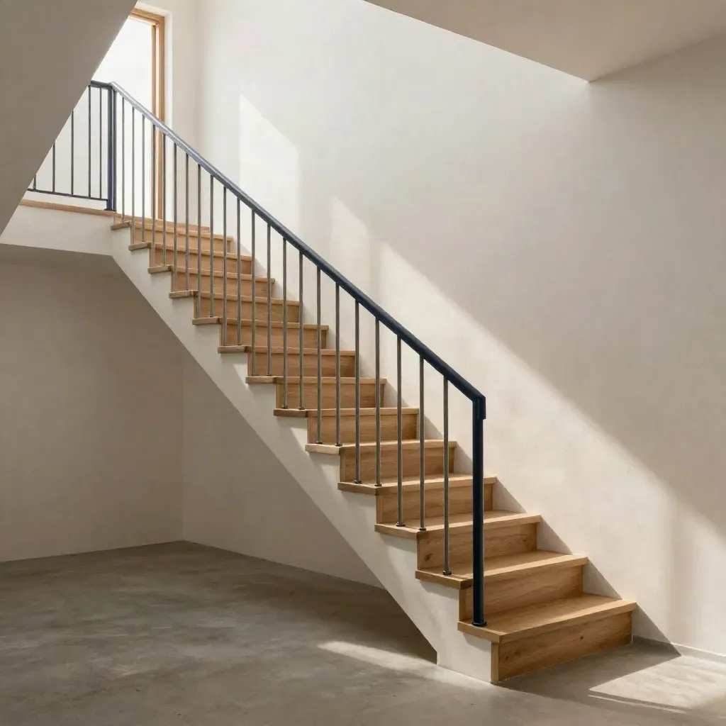 Sunlit loft stair and plaster wall with a calm open floor below