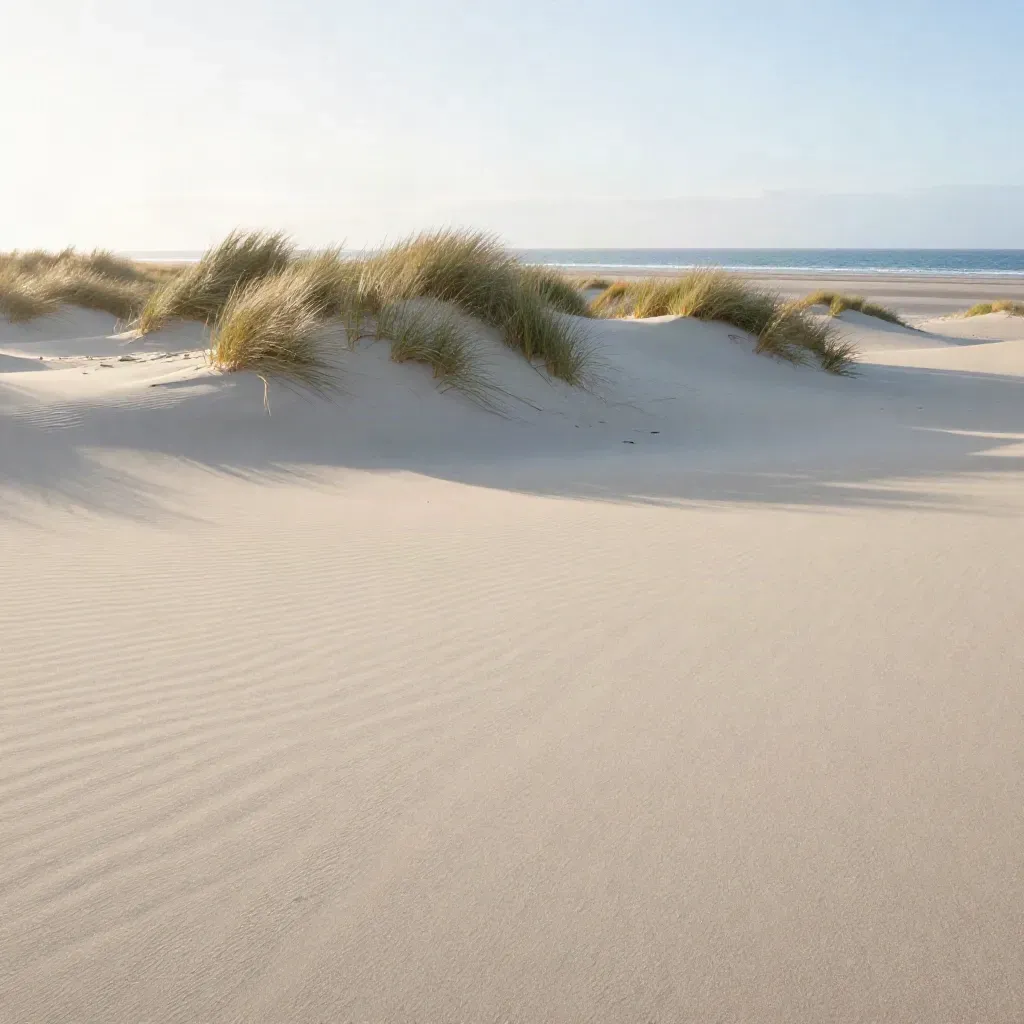 Windswept sand ridge and pale shoreline at sunrise, with mist and a slim cobalt waterline.