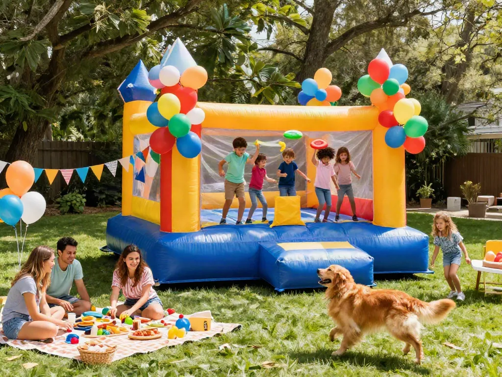 Kids enjoying a vibrant bounce house for sale at a cheerful backyard party.