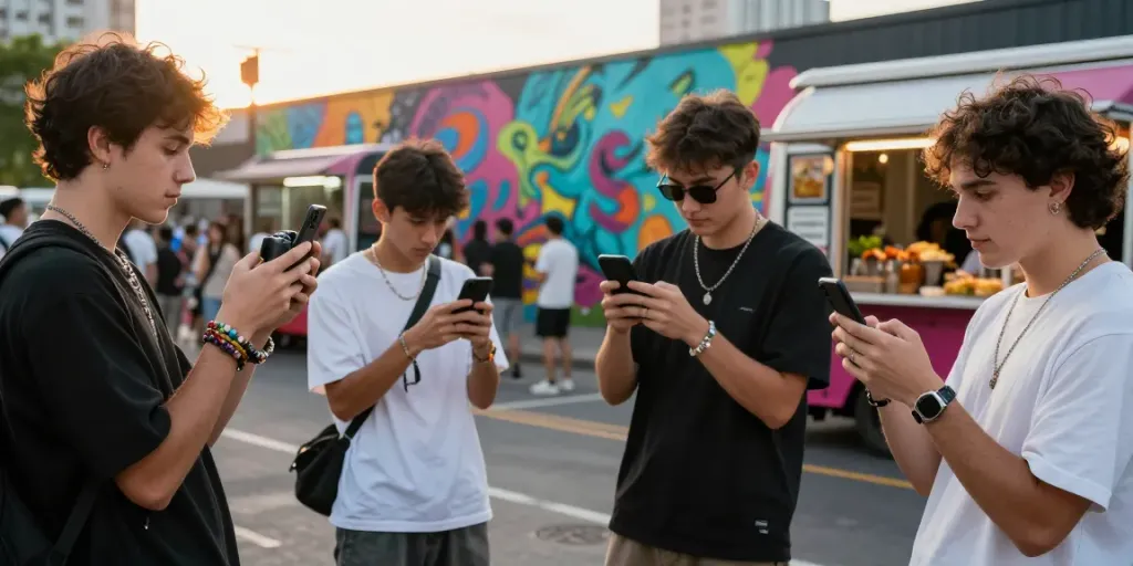 Social gathering with young adults enjoying moments, highlighting rokok88 trends, vibrant urban backdrop.