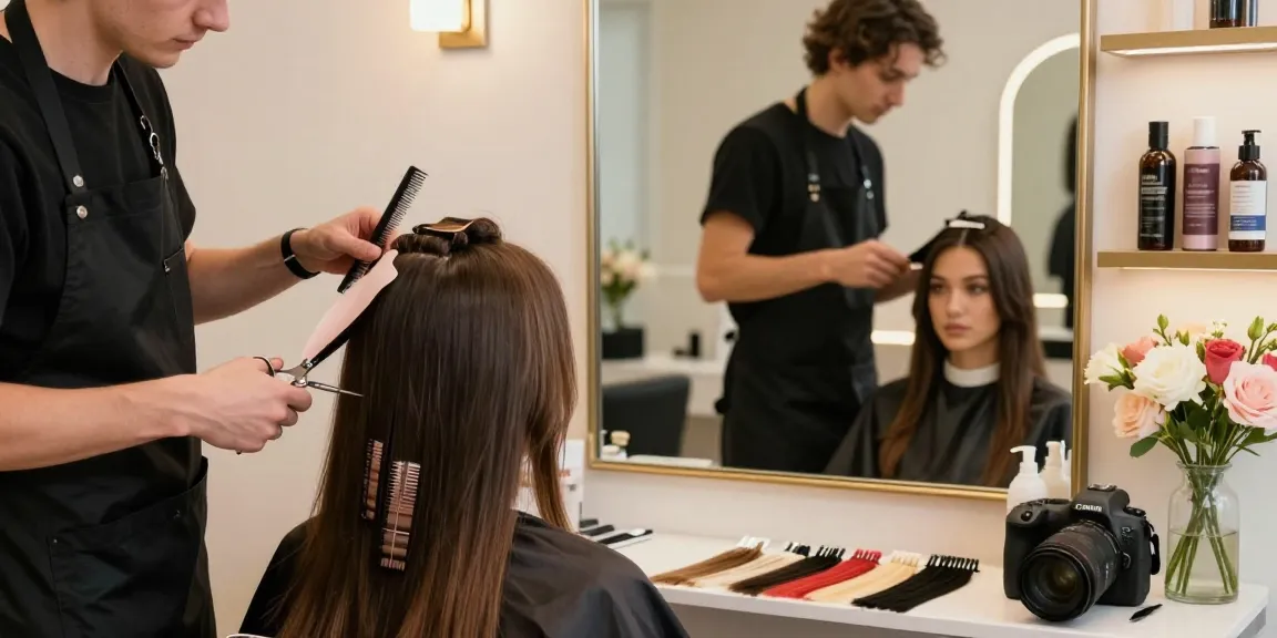 Applying thin tape in extensions at a beauty salon, featuring stylist and client interaction with colorful hair products.