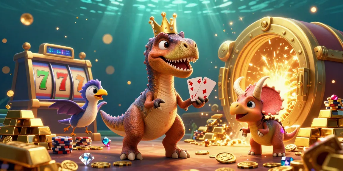 Enjoy vibrant gaming moments in a casino-themed illustration featuring مانجا، مانهوا، مانهوا مترجمة، مانهوا جديدة، مانجا مترجمة with a playful T-Rex and friends.