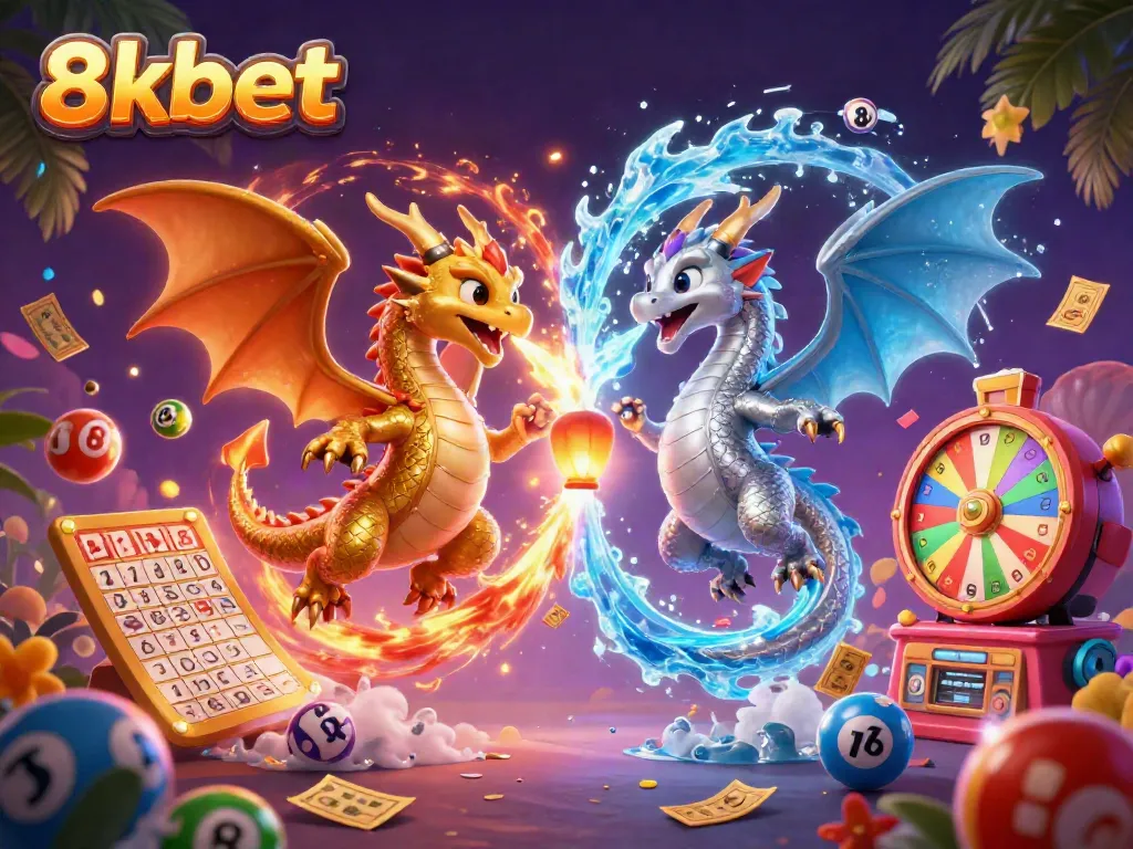 Experience vibrant gaming action with 8xbet, featuring dragons and dynamic lottery elements in a thrilling 3D scene.