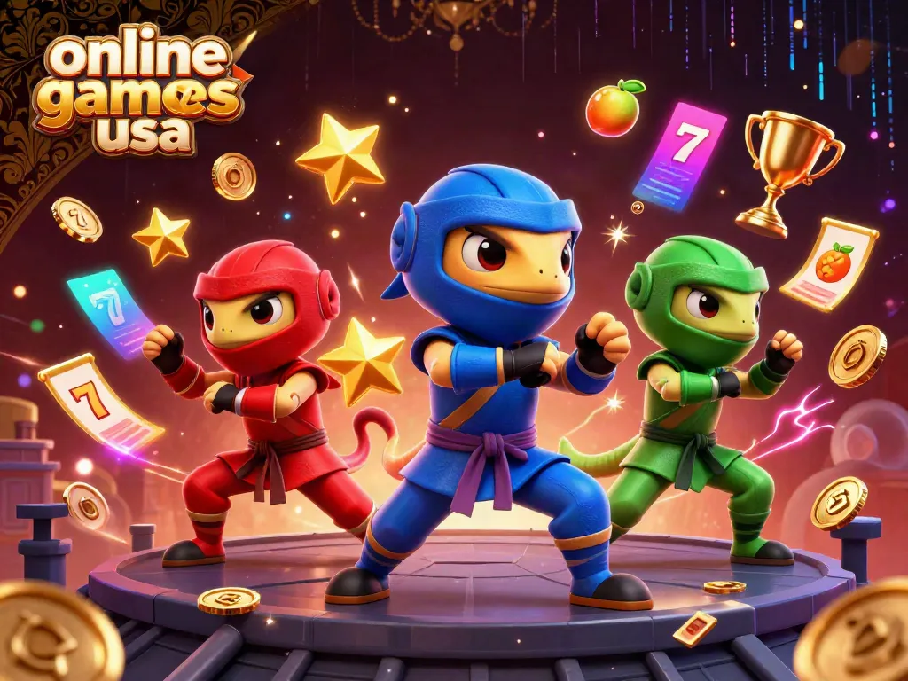 Dynamic scene of ninja chameleons with online casino games usa elements including slot reels and lucky 7s.