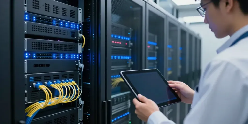 system configuration review in a modern data center with secure server setups and monitoring technology.