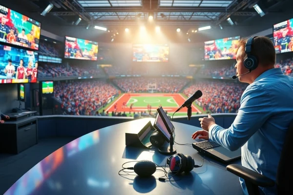 Sports Broadcasting studio with energetic host and vibrant graphics during a live game discussion.