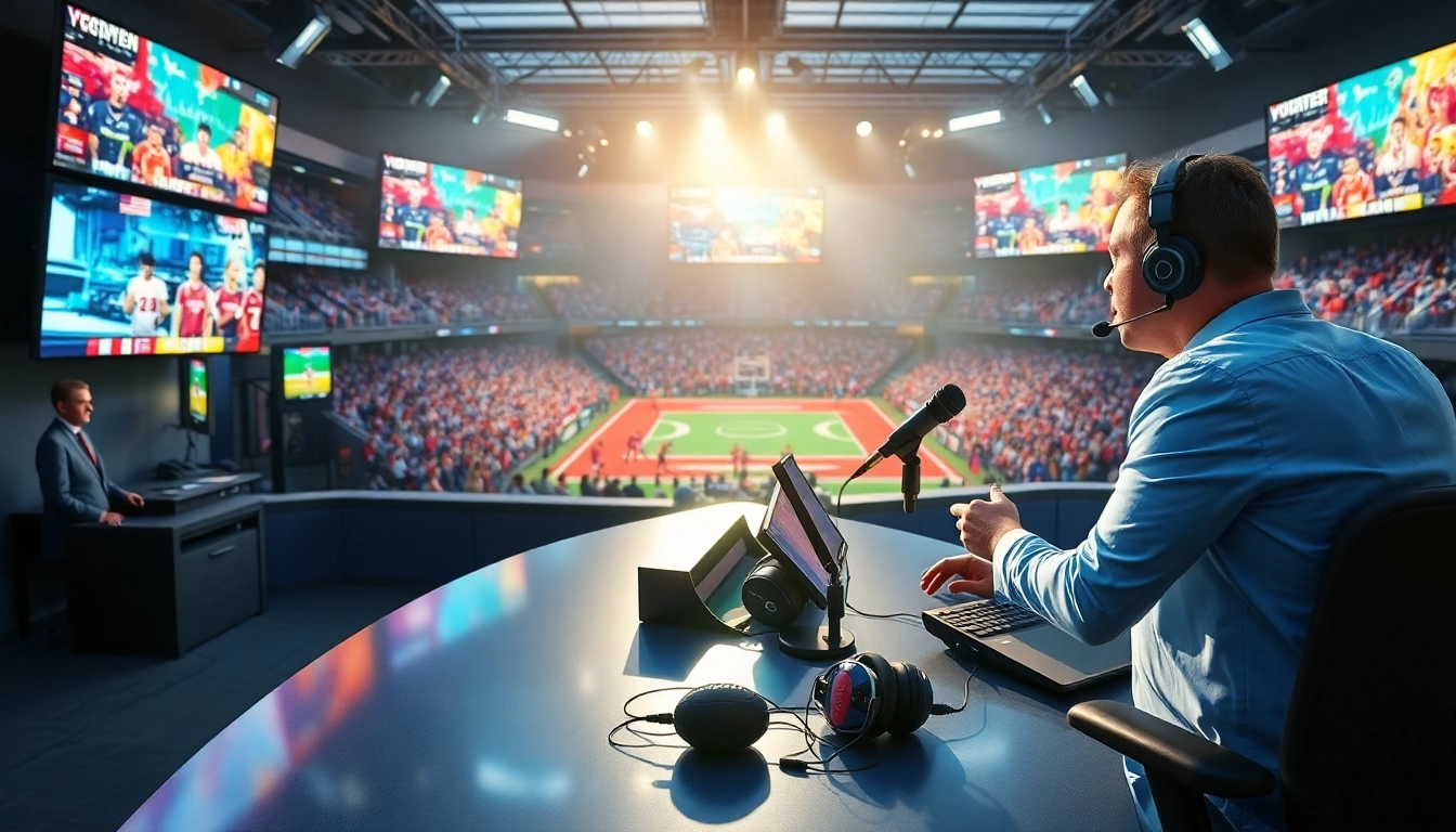 Sports Broadcasting studio with energetic host and vibrant graphics during a live game discussion.