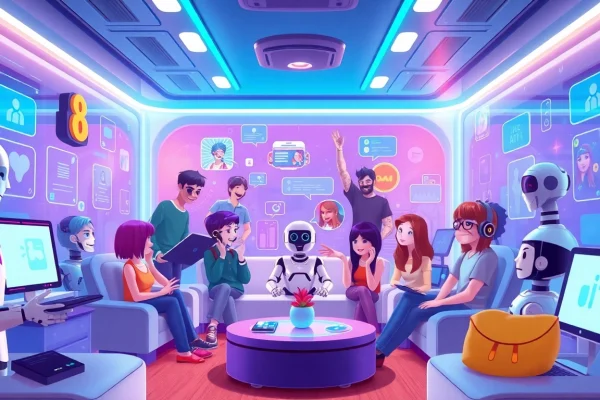 Engaging scene illustrating crush on ai in a virtual chat room with animated characters.