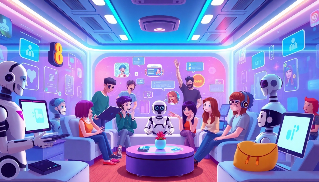 Engaging scene illustrating crush on ai in a virtual chat room with animated characters.