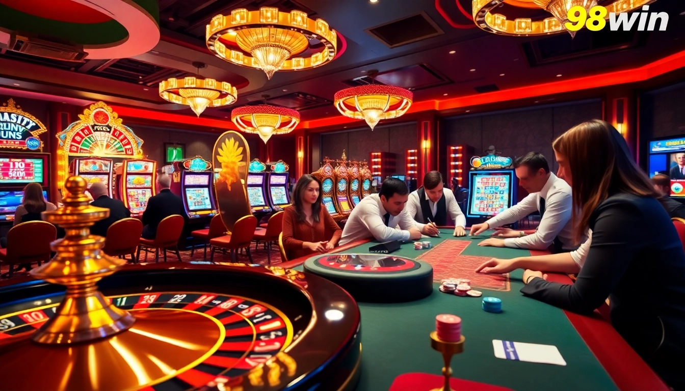 Players celebrating a win at 98win casino games, featuring vibrant slot machines and poker tables.