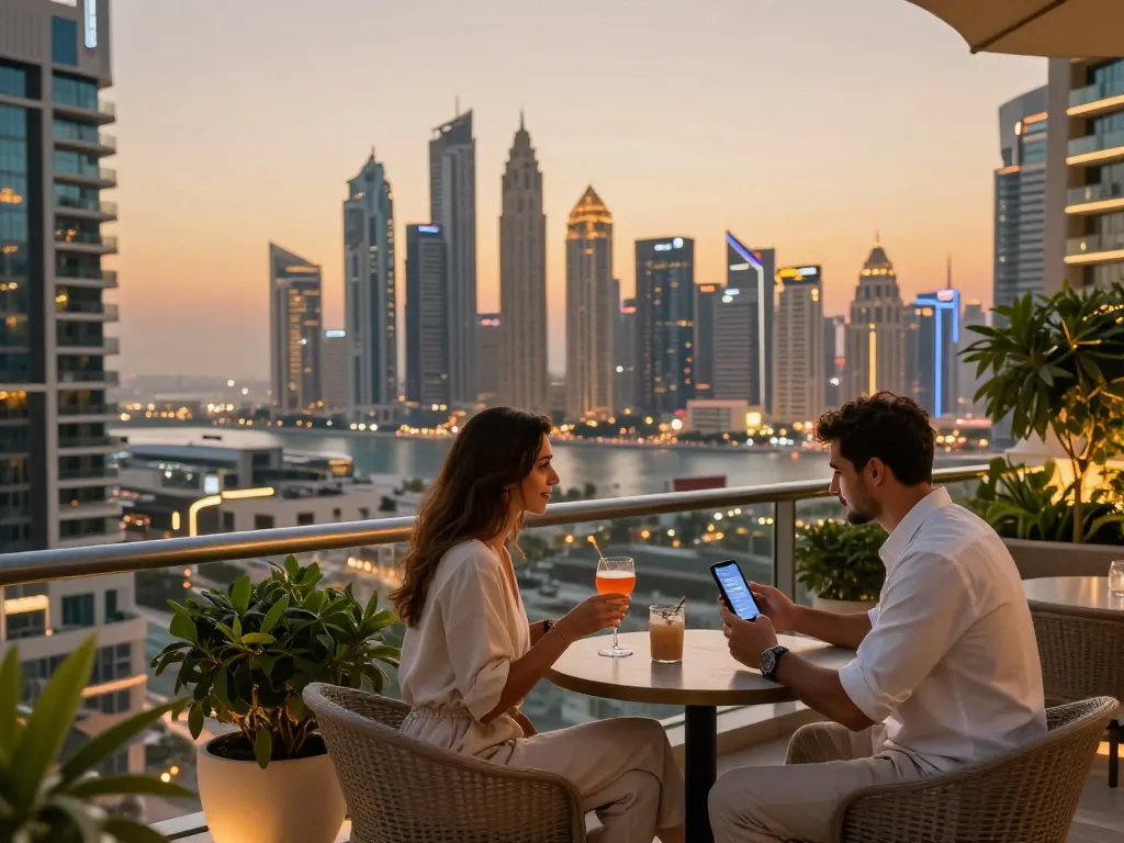 airbnb management dubai scene with couple enjoying luxury view of the skyline and discussing rental opportunities