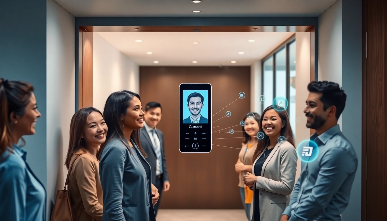 Biometric attendance system used by employees for clocking in, highlighting user consent.