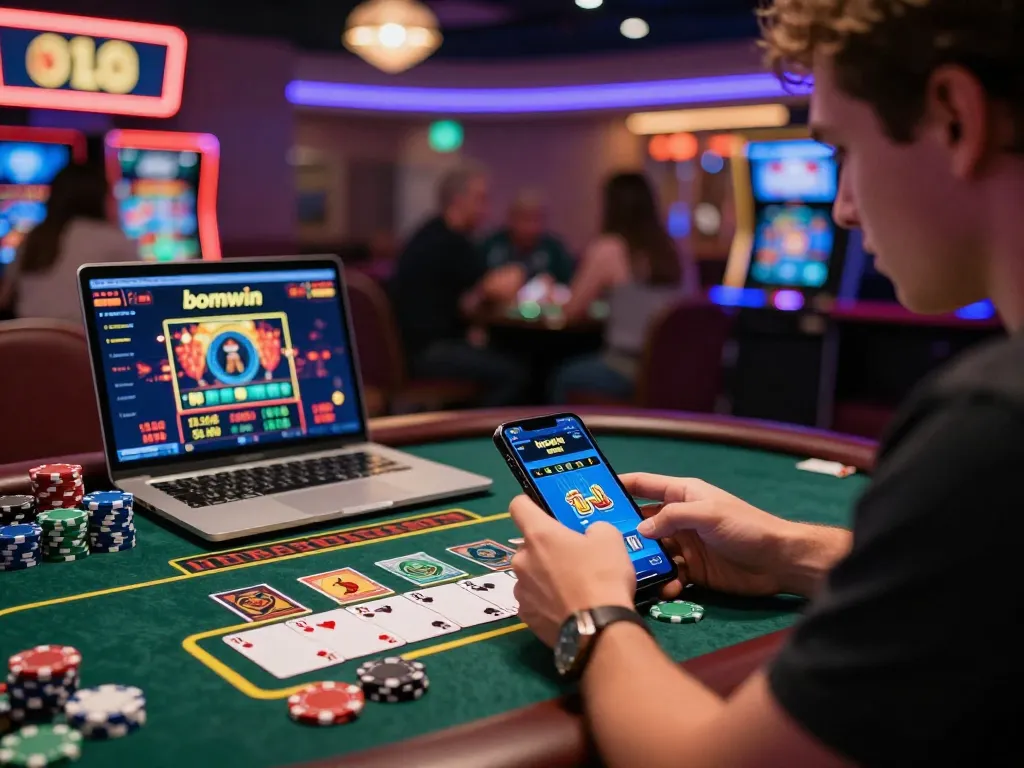Player engaged with bomwin gaming platform in an exciting online casino atmosphere, showcasing vibrant gameplay and live dealer action.