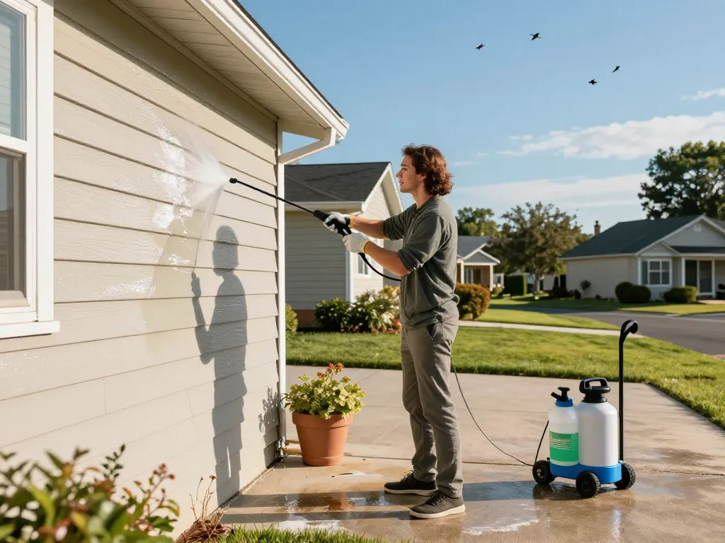 Residential exterior cleaning in progress with owner using eco-friendly solution and pressure washer.