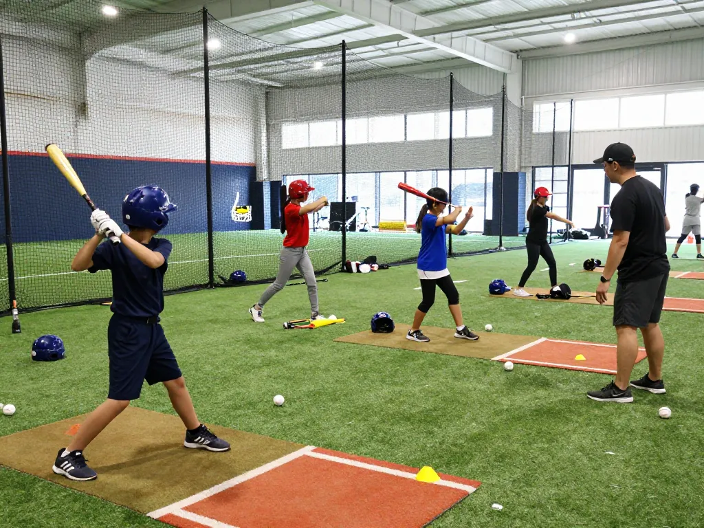 Young athletes training at hitclub indoor batting cages, showcasing teamwork in baseball practice.