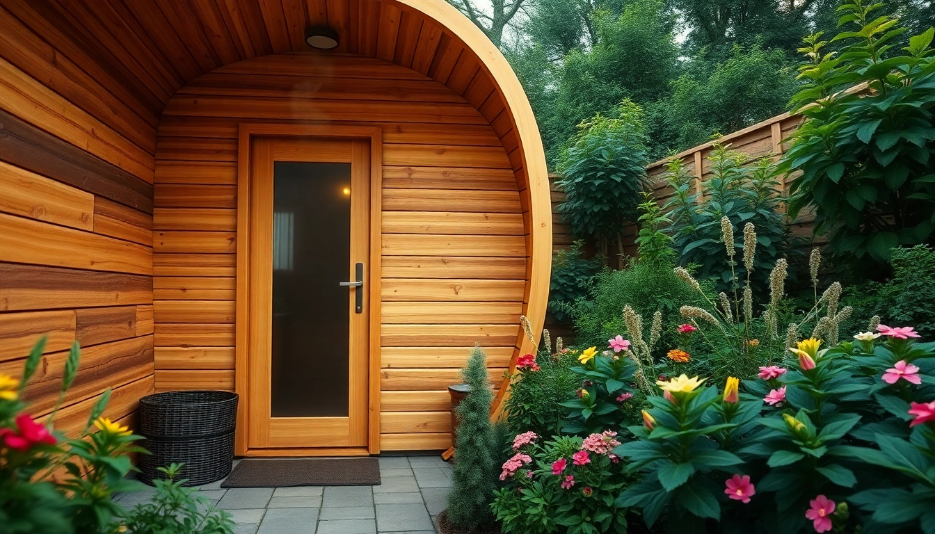 Cozy barrel sauna outdoor in lush garden, inviting and relaxing.