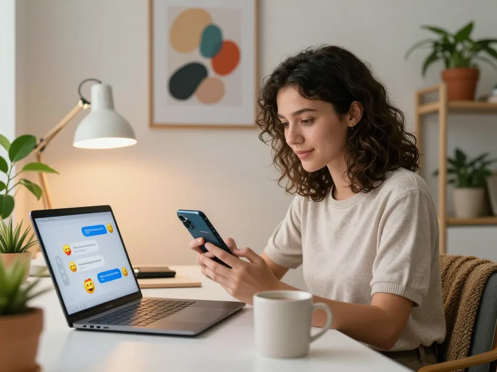Interactive session showcasing a woman exploring porn chat ai with engaging chat elements in a cozy home office.