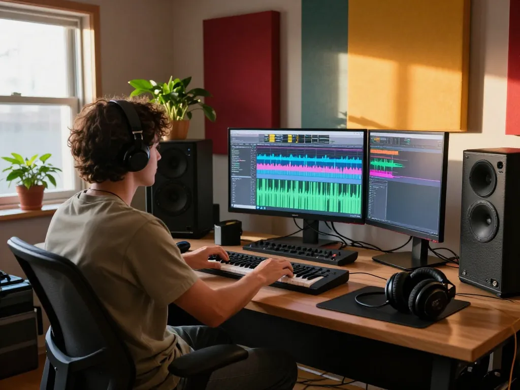 Producer creating music at go 88 digital workstation in a vibrant studio.