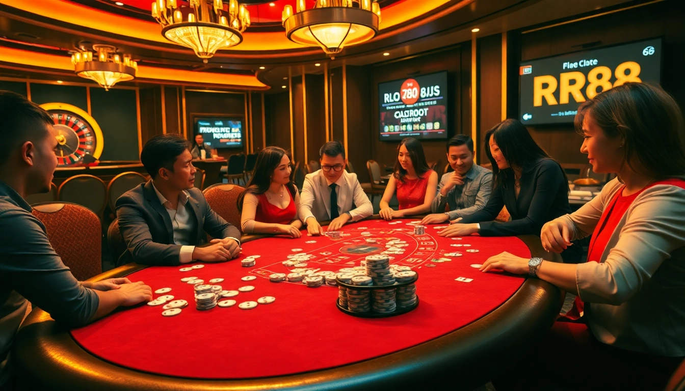 Players enjoying a poker game at RR88 casino with vibrant atmosphere and gaming excitement.