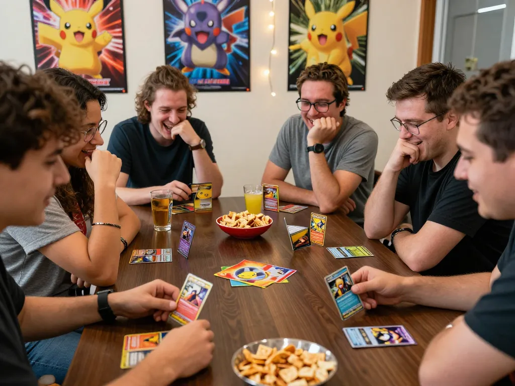 Interactive Pokemon TCG Database scene with friends enjoying a trading card game