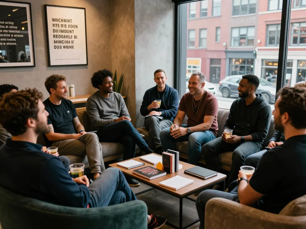Men engaging in supportive conversations at a man club, urban lounge setting, fostering community.