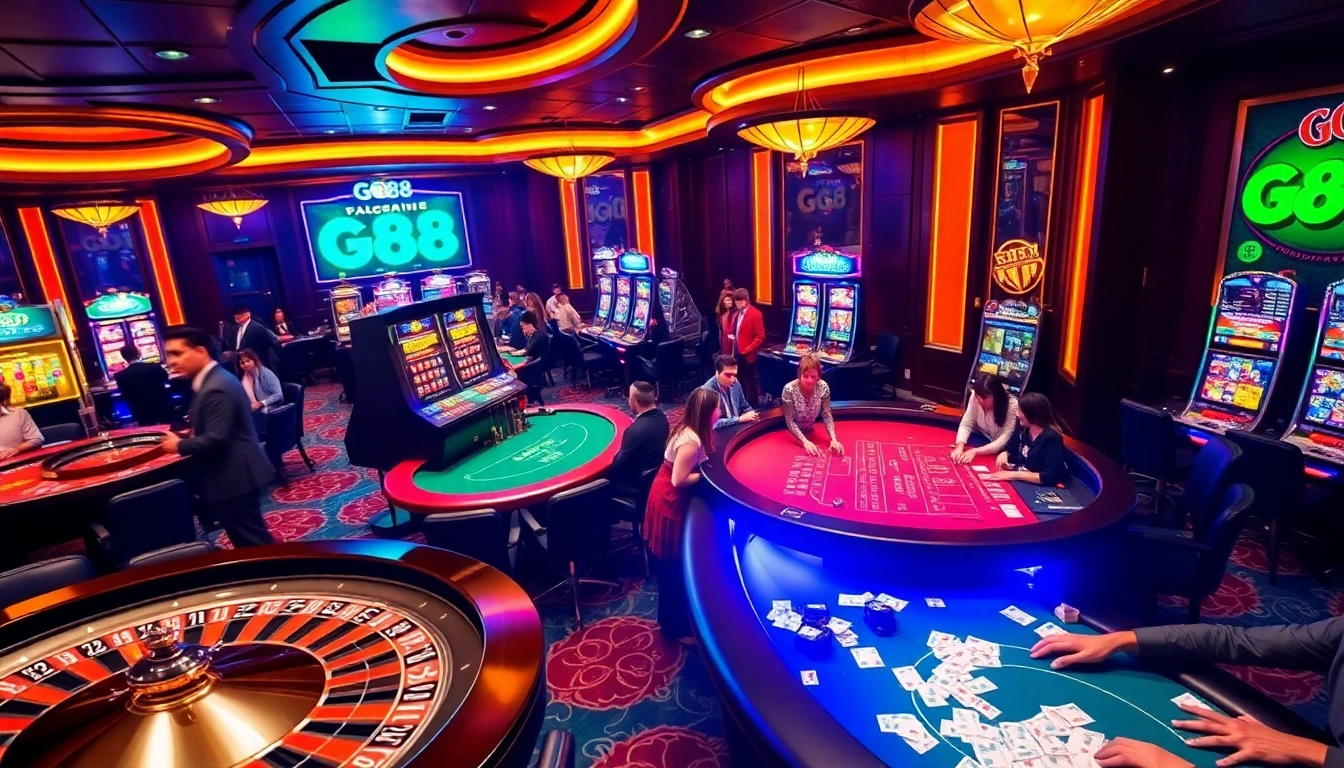 GO88 players engaging in thrilling roulette games and poker tournaments in a luxurious casino setting.
